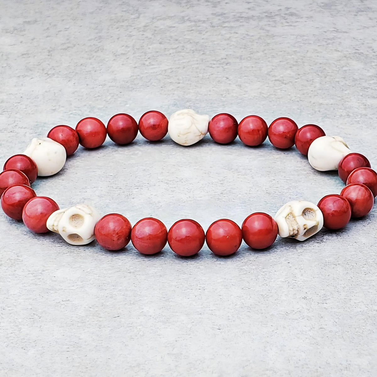 Men's "RED SKULL" Bracelet| Men's Gold Skull Bead Bracelet| Men's Gold Skull Red Coral Gemstone Bracelet| Men's Mediterranean Bracelet