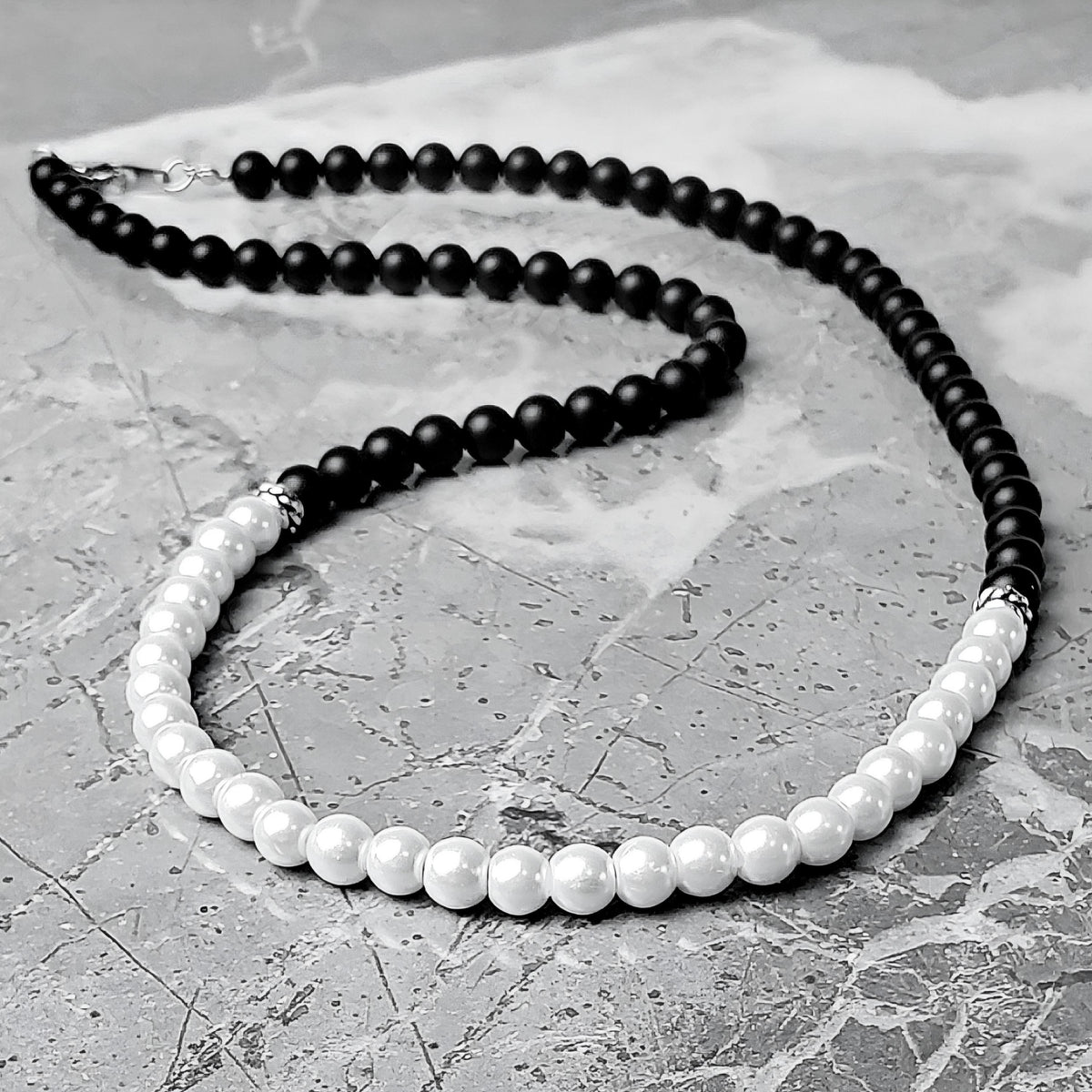 Men's "ONYX & PEARL" Necklace| Men's Matte Black Onyx Gemstones White Pearls Necklace| Men's Onyx Ivory White Pearl Silver Beaded Necklace